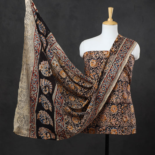Black - 3pc Kalamkari Block Printed Cotton Suit Material Set