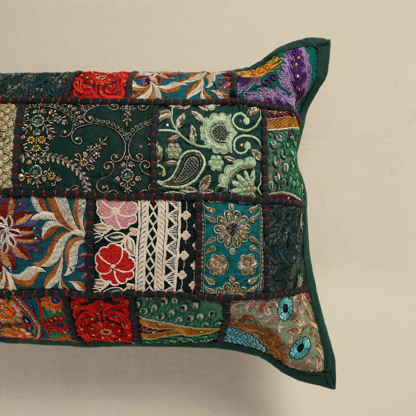 Hand Embroidered Khambadiya Patchwork Pillow Cover 08