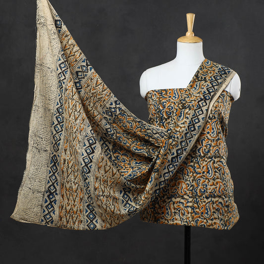 Brown - 3pc Kalamkari Block Printed Cotton Suit Material Set