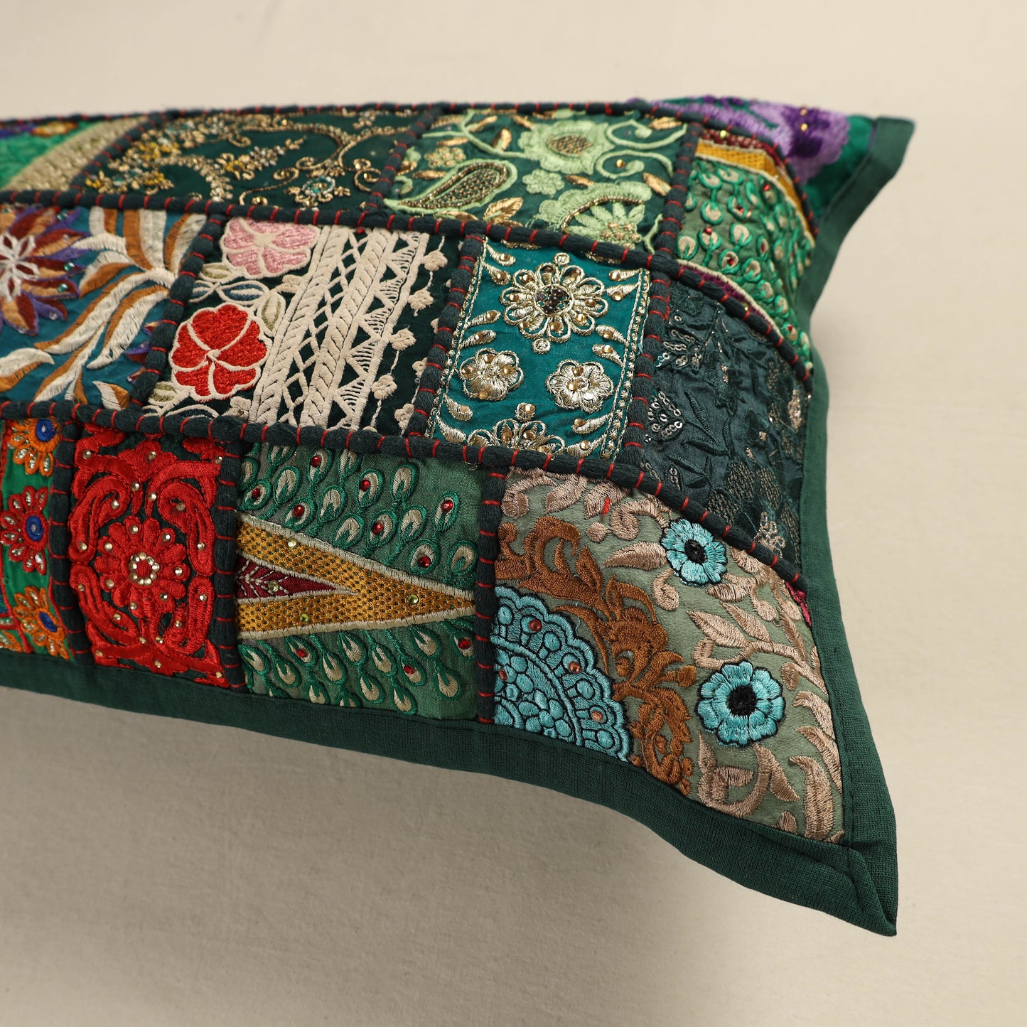 Hand Embroidered Khambadiya Patchwork Pillow Cover 08