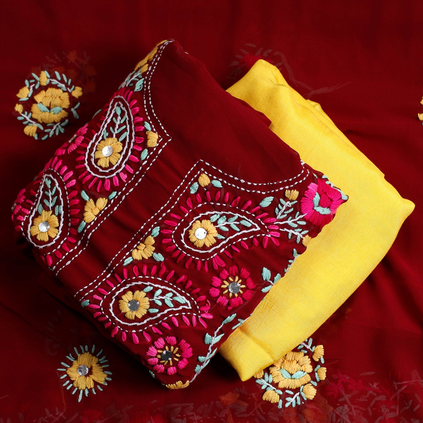 Maroon - 3pc Phulkari Embroidery Chapa Work Georgette Suit Material Set 31
