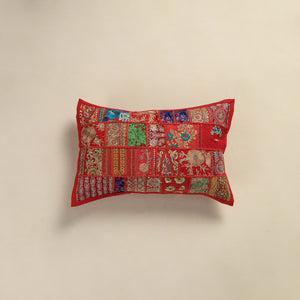 Red - Hand Embroidered Khambadiya Patchwork Pillow Cover 09