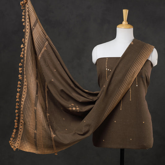 Brown - 3pc Organic Kala Cotton Pure Handloom Mirror Work Suit Material Set