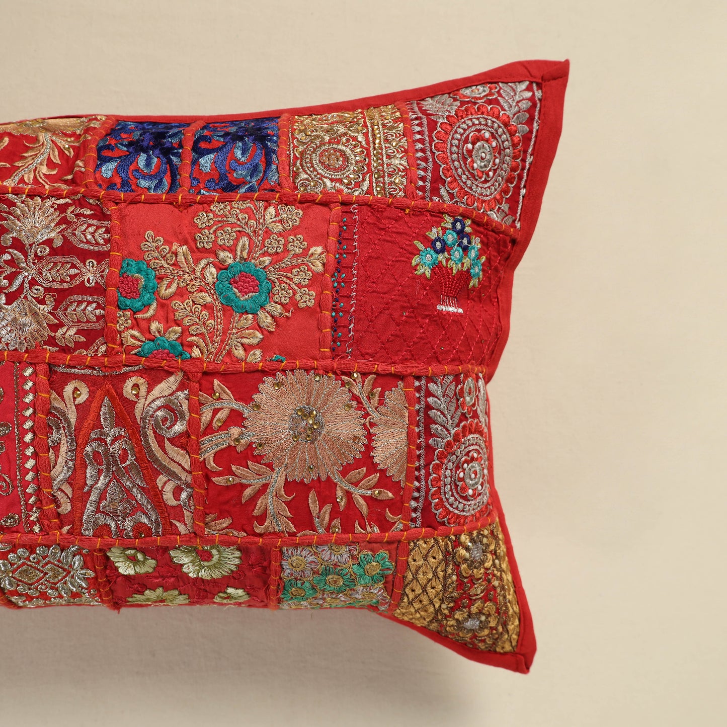 Hand Embroidered Khambadiya Patchwork Pillow Cover 09