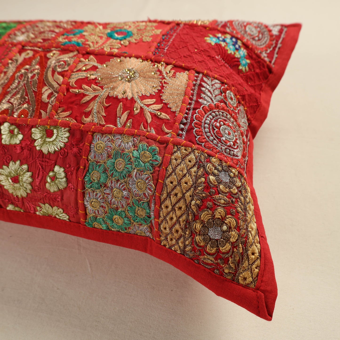 Hand Embroidered Khambadiya Patchwork Pillow Cover 09