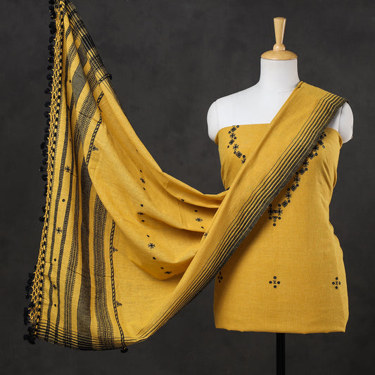 Yellow - 3pc Organic Kala Cotton Pure Handloom Mirror Work Suit Material Set