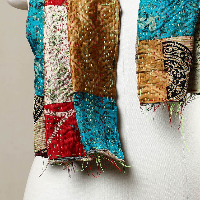 Multicolor - Reversible Patchwork Silk Bengal Kantha Stitch Stole 01