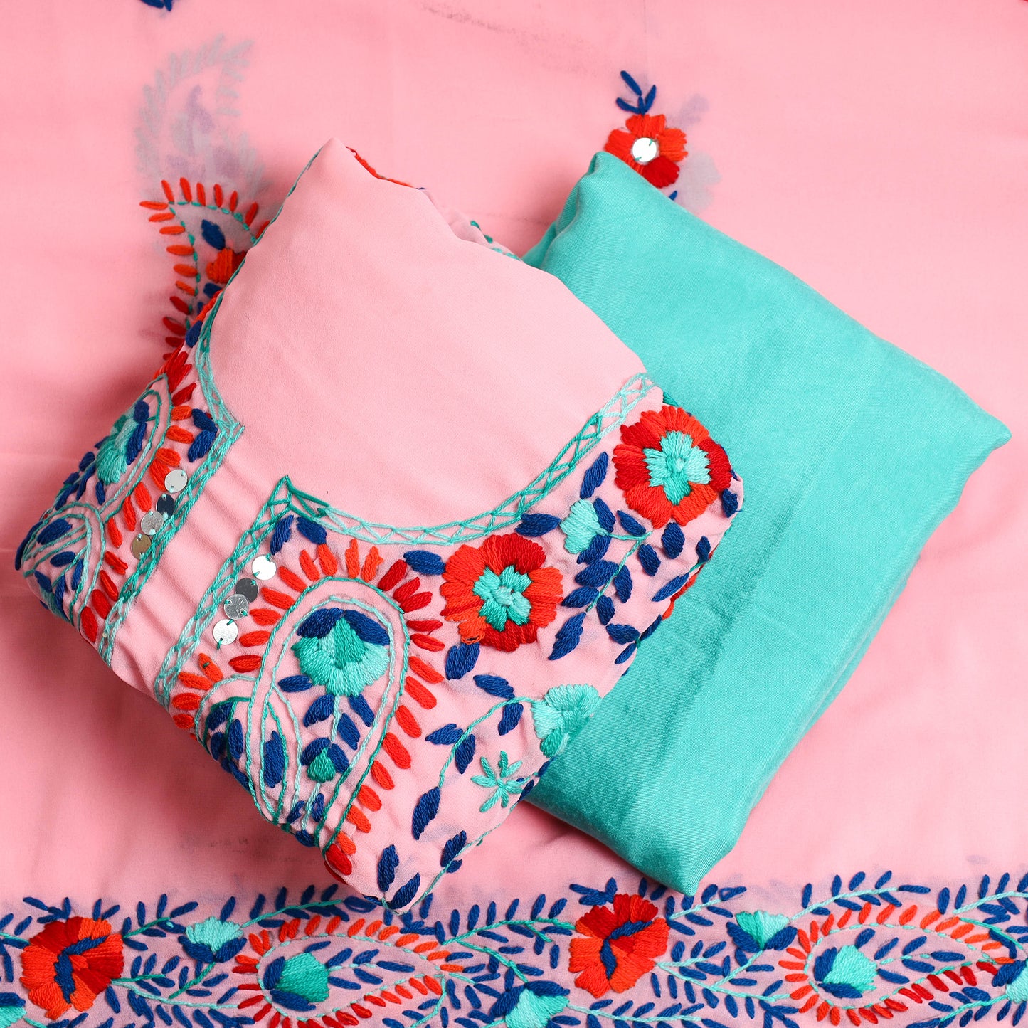 Pink - 3pc Phulkari Embroidery Chapa Work Georgette Suit Material Set 37