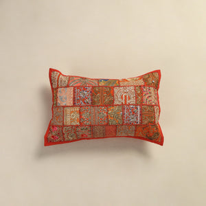 Orange - Hand Embroidered Khambadiya Patchwork Pillow Cover 12