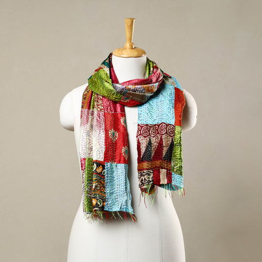 Multicolor - Reversible Patchwork Silk Bengal Kantha Stitch Stole 04