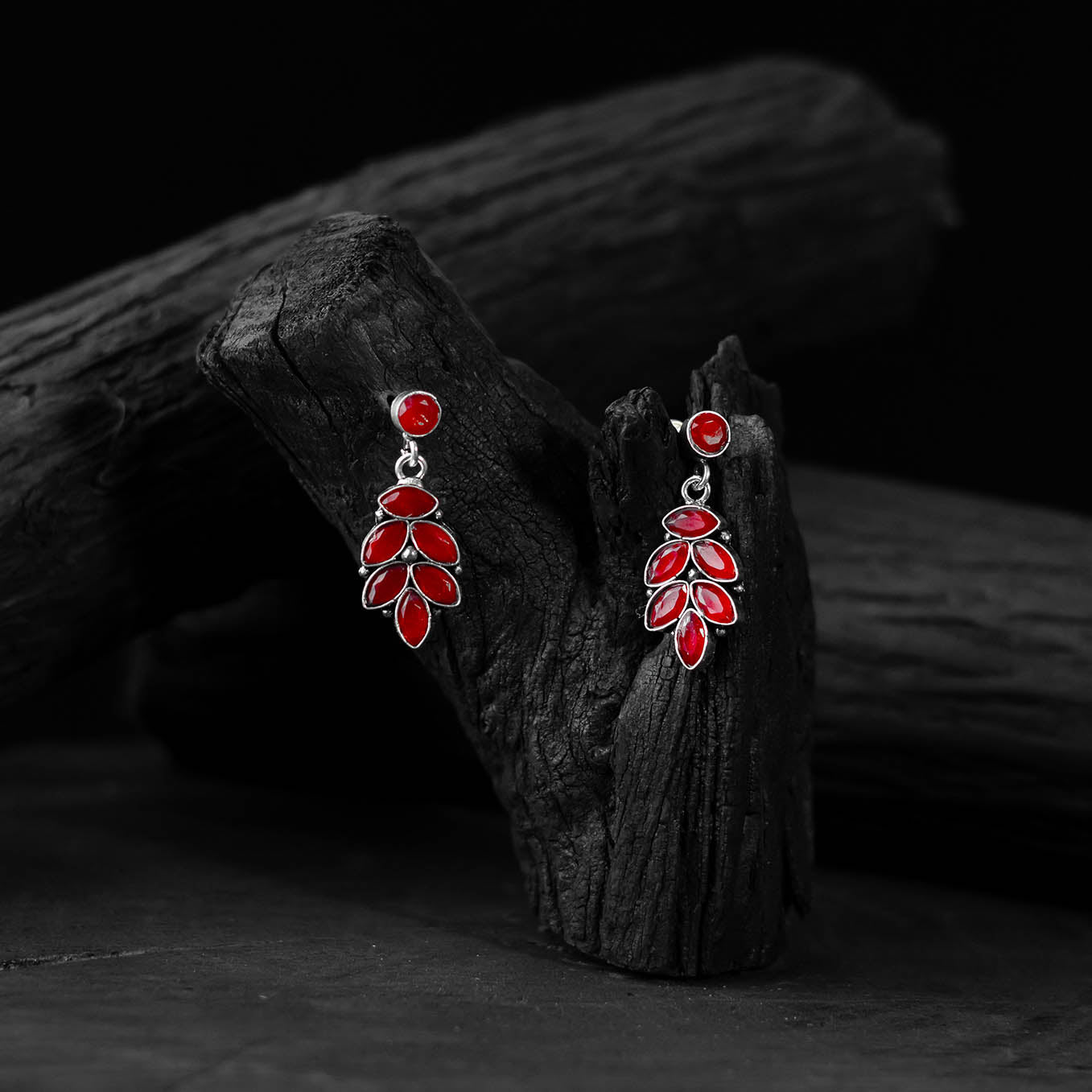 Red - saanjh bela leaf oxidised drop earrings - handcrafted