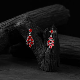 Red - saanjh bela leaf oxidised drop earrings - handcrafted