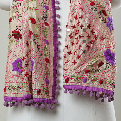 Ranihati Chapa Work Phulkari Embroidery Chanderi Silk Stole with Pom Pom