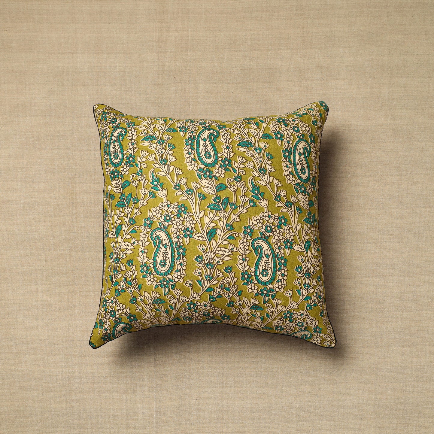 Green - Block Print Cotton Kalamkari Cushion Cover (16 x 16 in) 29