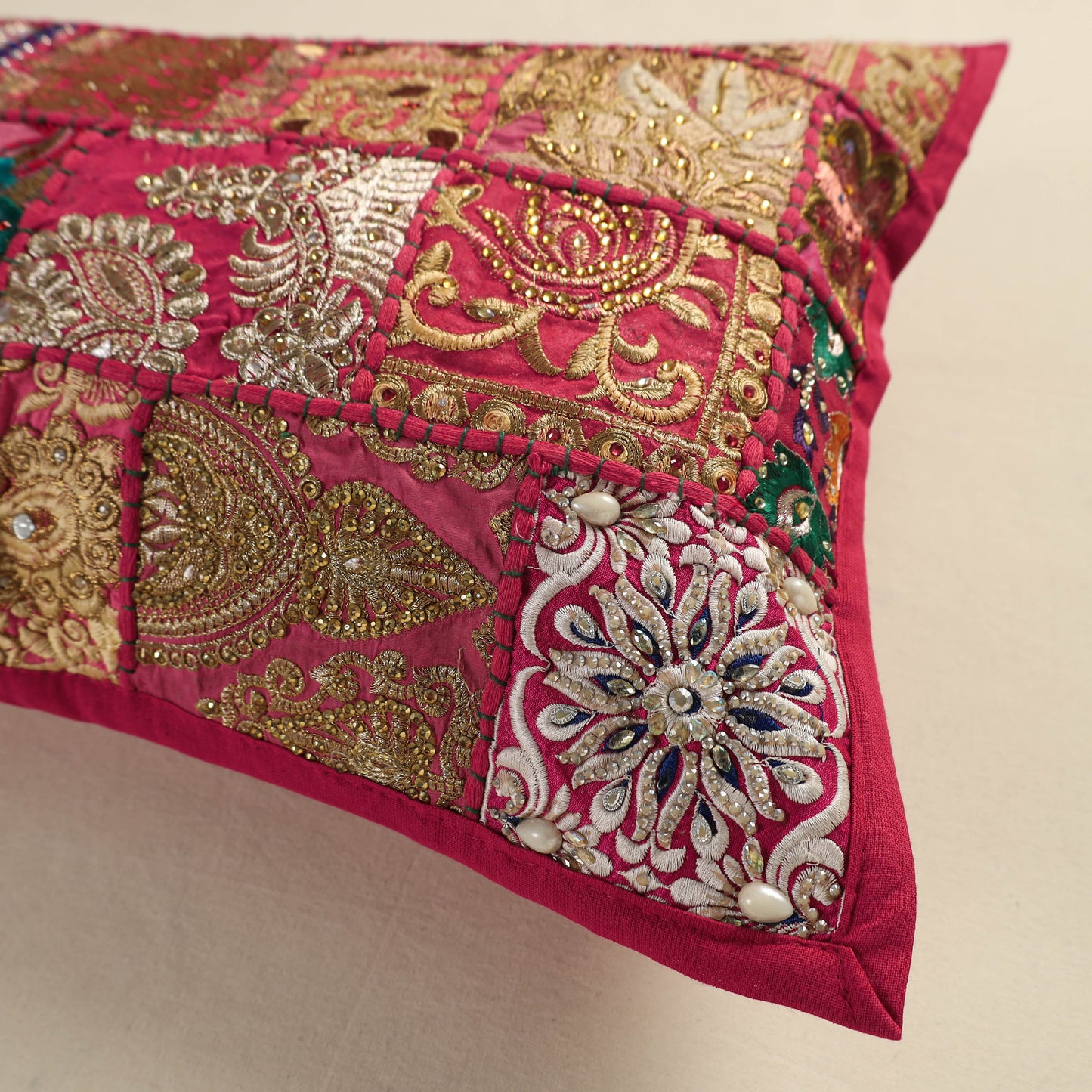 Hand Embroidered Khambadiya Patchwork Pillow Cover 14