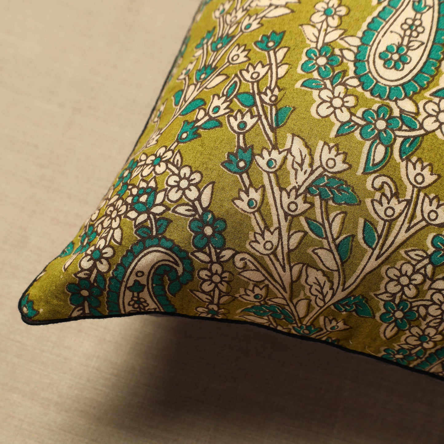 Green - Block Print Cotton Kalamkari Cushion Cover (16 x 16 in) 29