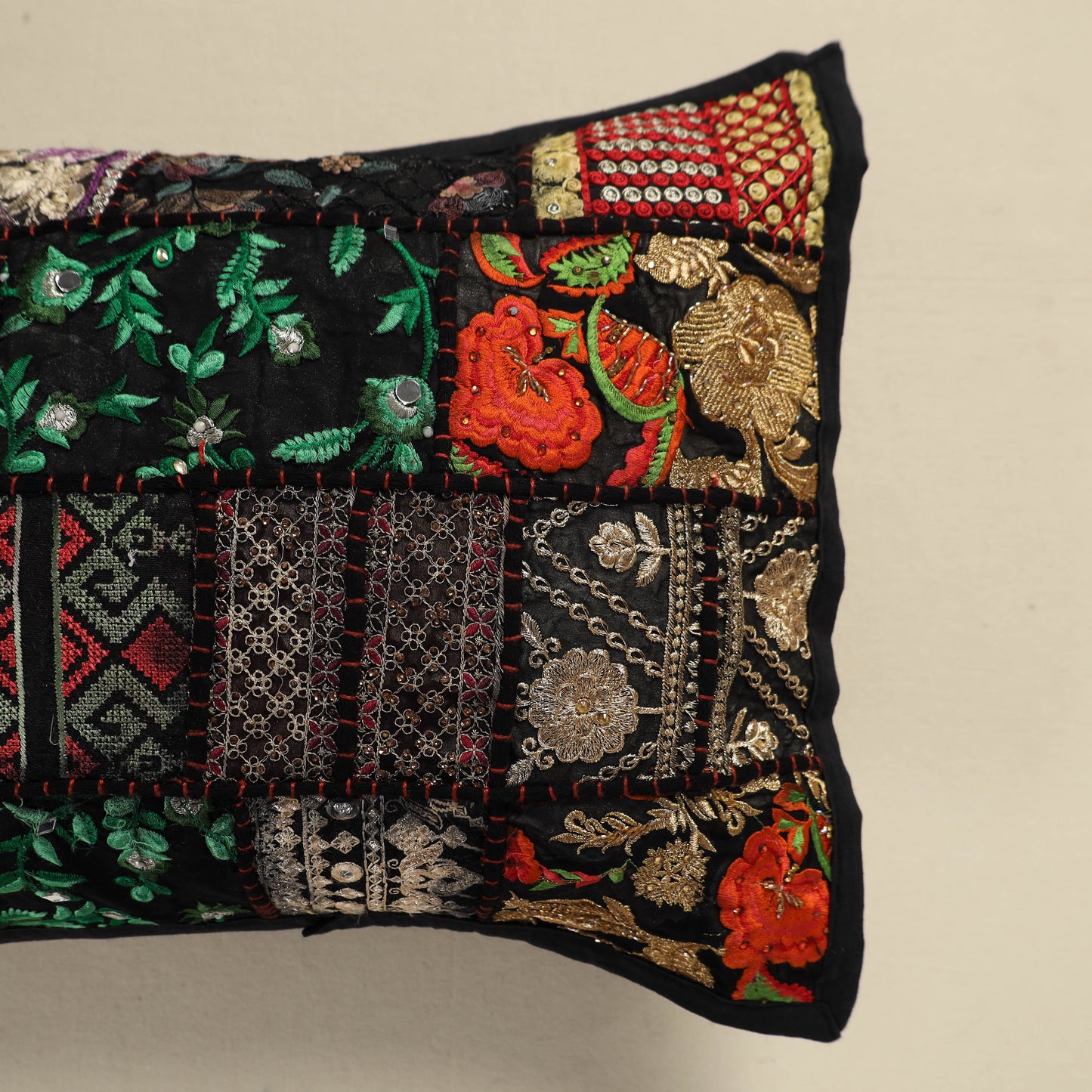 Hand Embroidered Khambadiya Patchwork Pillow Cover 15