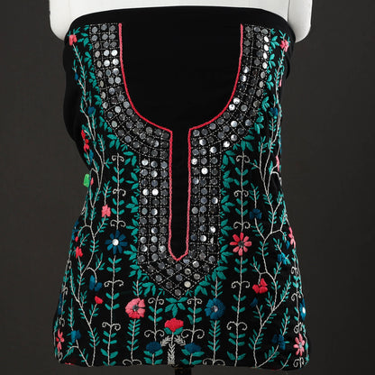 Black - 3pc Phulkari Embroidery Chapa Work Georgette Suit Material Set 43