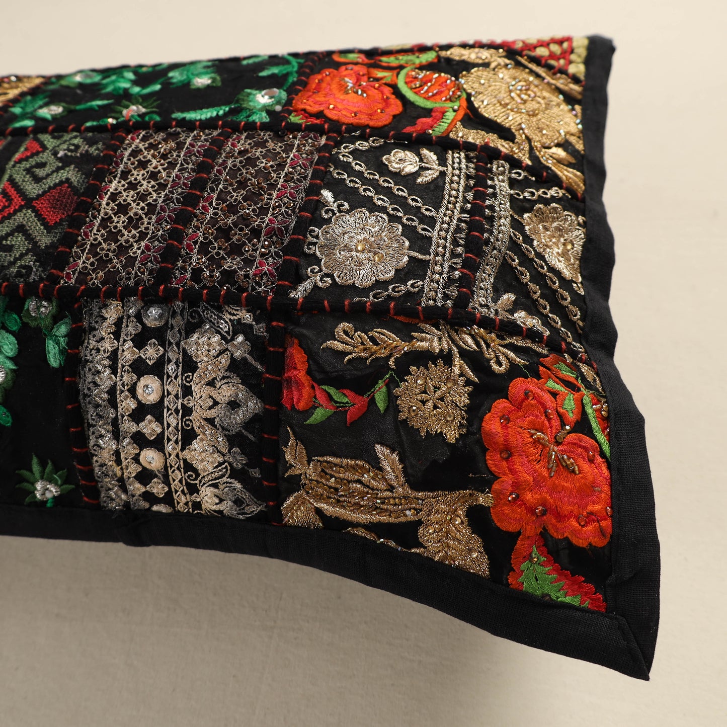 Hand Embroidered Khambadiya Patchwork Pillow Cover 15