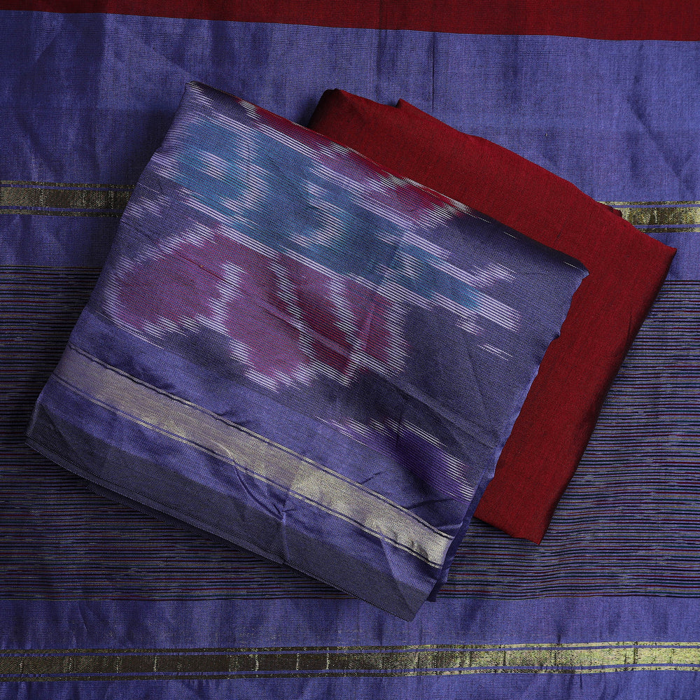 Blue - 3pc Handloom Silk Cotton Pochampally Ikat Dress Material 39