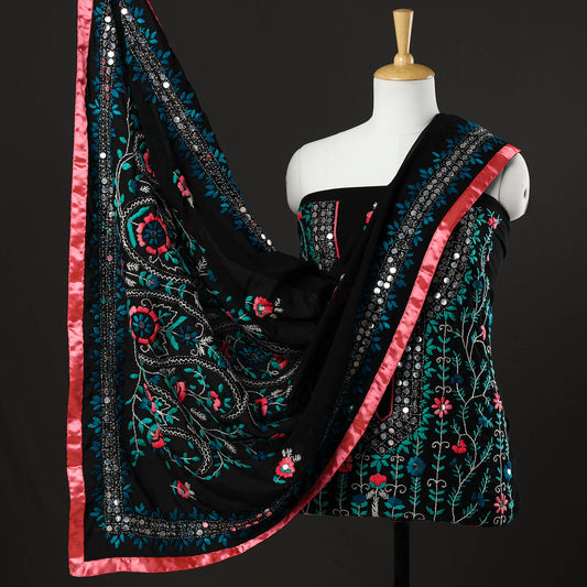 3pc Phulkari Embroidery Chapa Work Georgette Suit Material Set 43