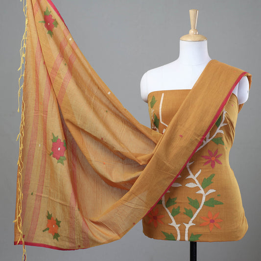 Yellow - 2pc Phulia Jamdani Weave Handloom Cotton Suit Material Set