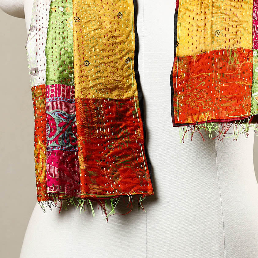 Multicolor- Reversible Patchwork Silk Bengal Kantha Stitch Stole 25