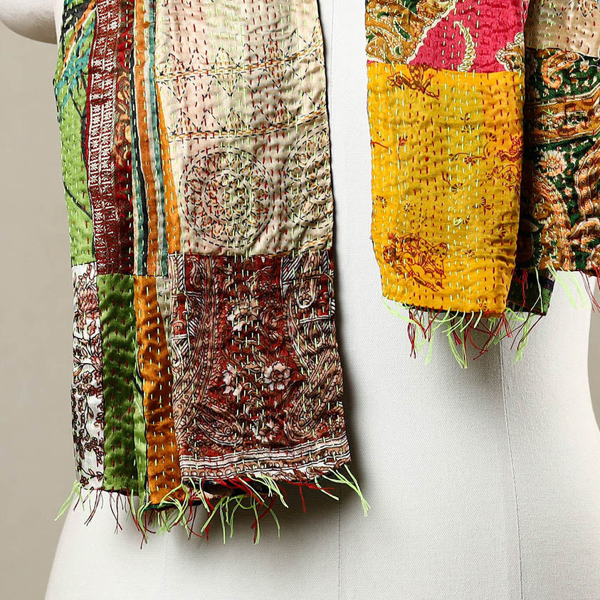 Multicolor - Reversible Patchwork Silk Bengal Kantha Stitch Stole 26