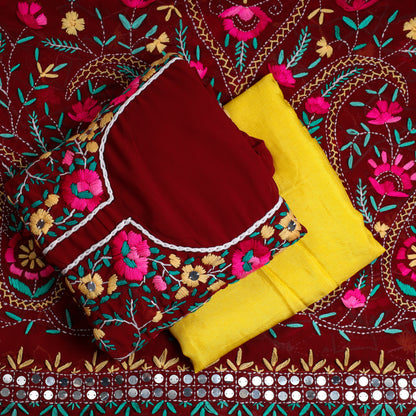 Maroon - 3pc Phulkari Embroidery Chapa Work Georgette Suit Material Set 44
