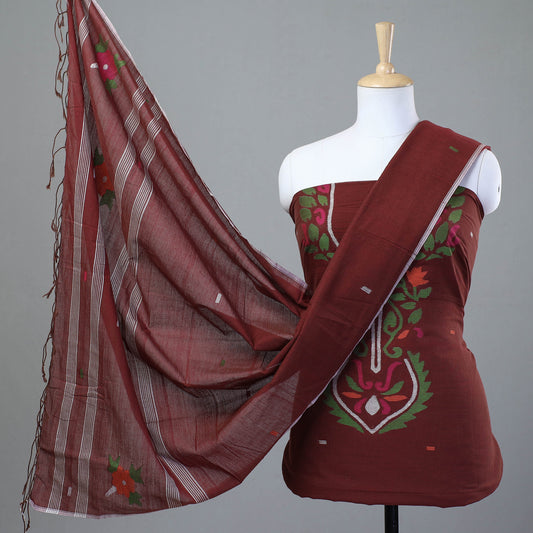 Brown - 2pc Phulia Jamdani Weave Handloom Cotton Suit Material Set