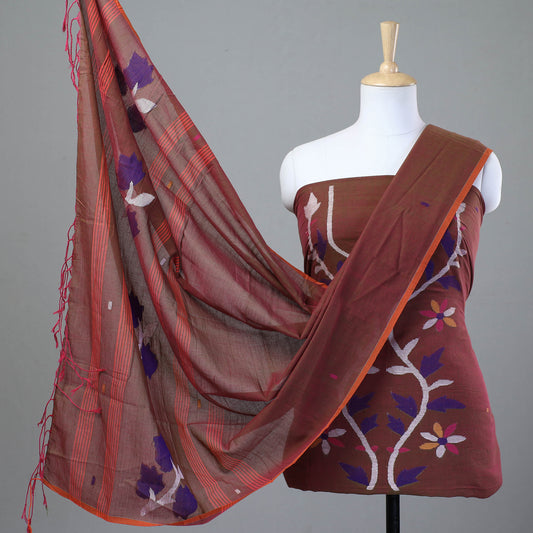 Brown - 2pc Phulia Jamdani Weave Handloom Cotton Suit Material Set