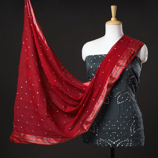 Black - 3pc Kutch Bandhani Tie-Dye Satin Cotton Suit Material Set
