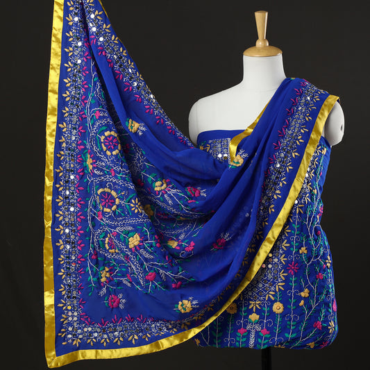 Blue - 3pc Phulkari Embroidery Chapa Work Georgette Suit Material Set 47