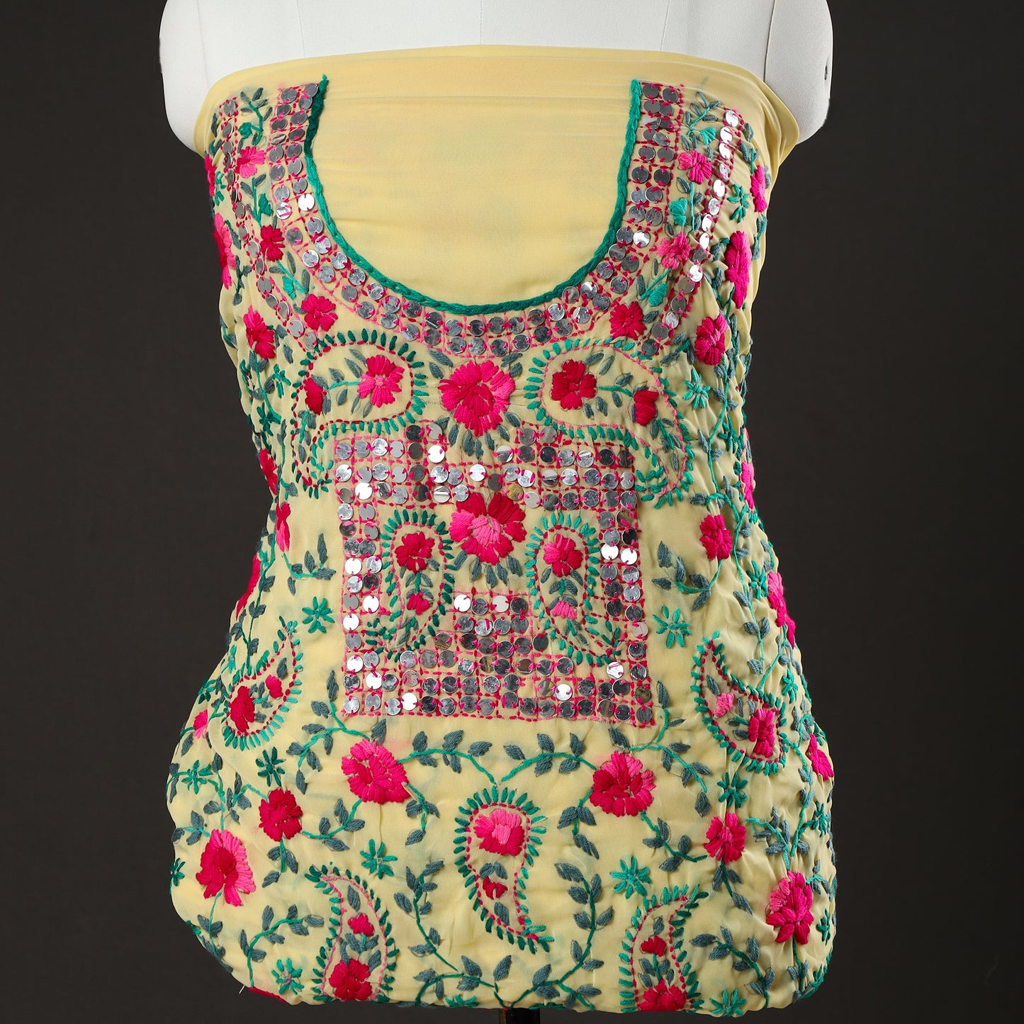 Yellow - 3pc Phulkari Embroidery Chapa Work Georgette Suit Material Set 48