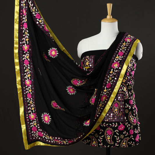 Black - 3pc Phulkari Embroidery Chapa Work Georgette Suit Material Set 49