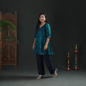 Blue - sequin work hand batik print cotton short kurta