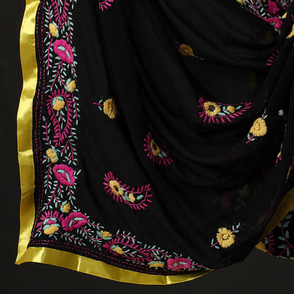 Black - 3pc Phulkari Embroidery Chapa Work Georgette Suit Material Set 50