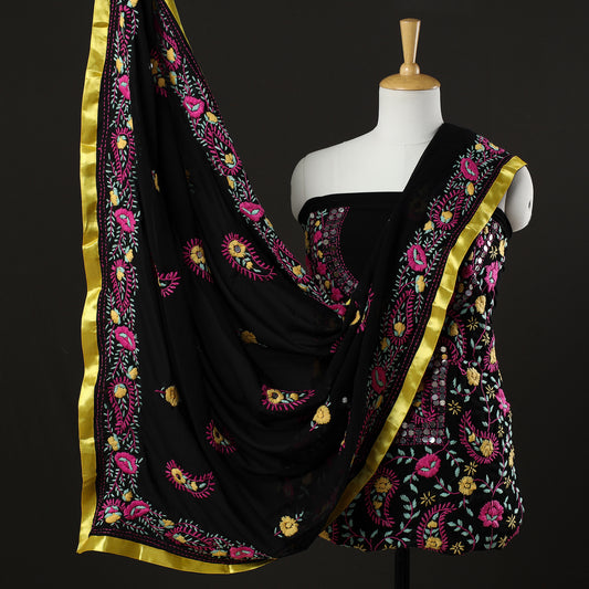 Black - 3pc Phulkari Embroidery Chapa Work Georgette Suit Material Set 50