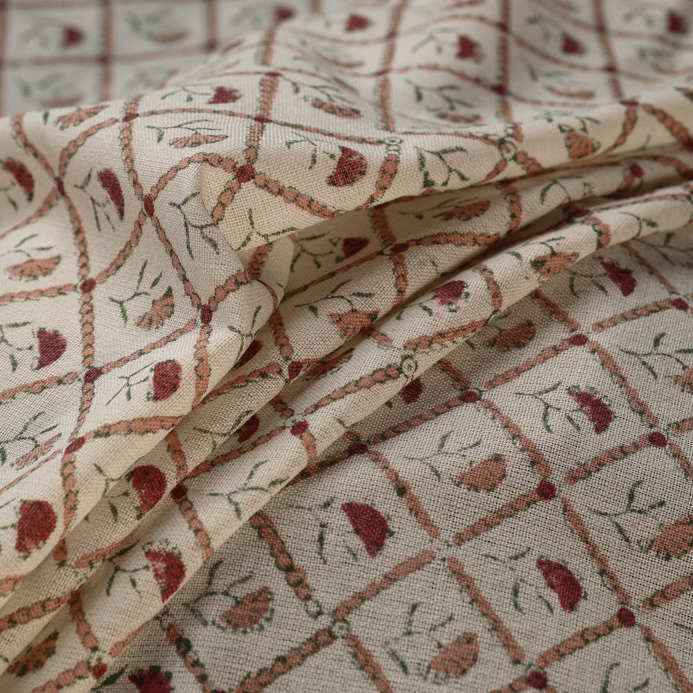 White - Sanganeri Block Print Pure Wool Fabric 02