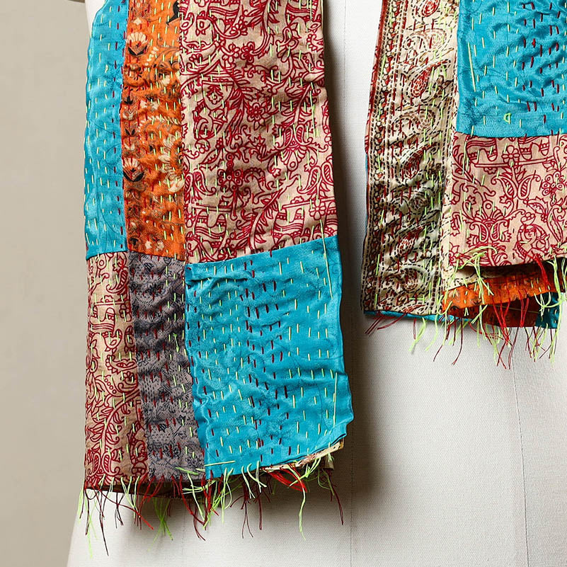 Multicolor - Reversible Patchwork Silk Bengal Kantha Stitch Stole 45