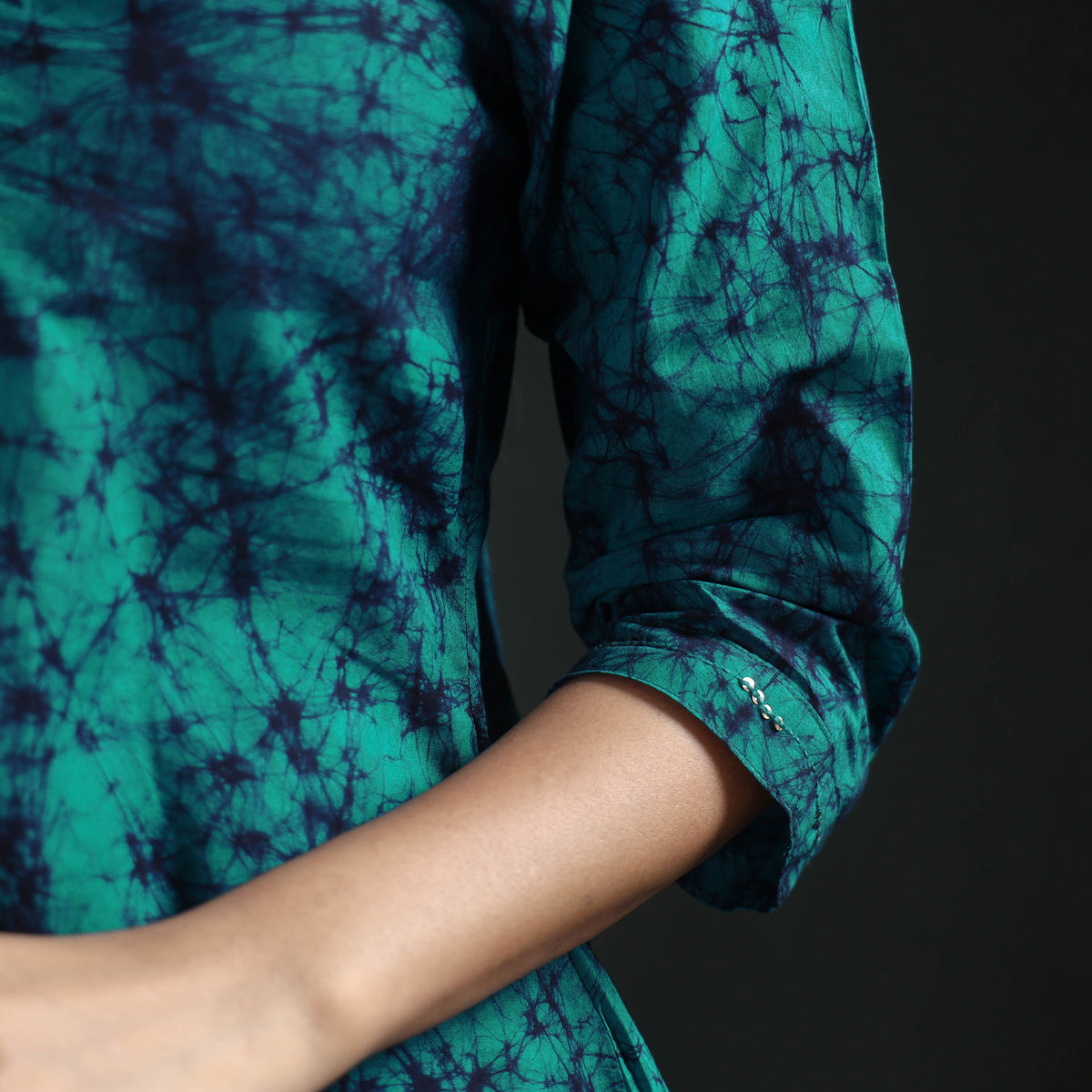 Blue - sequin work hand batik print cotton short kurta