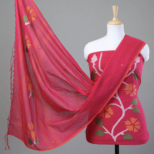 Pink - 2pc Phulia Jamdani Weave Handloom Cotton Suit Material Set