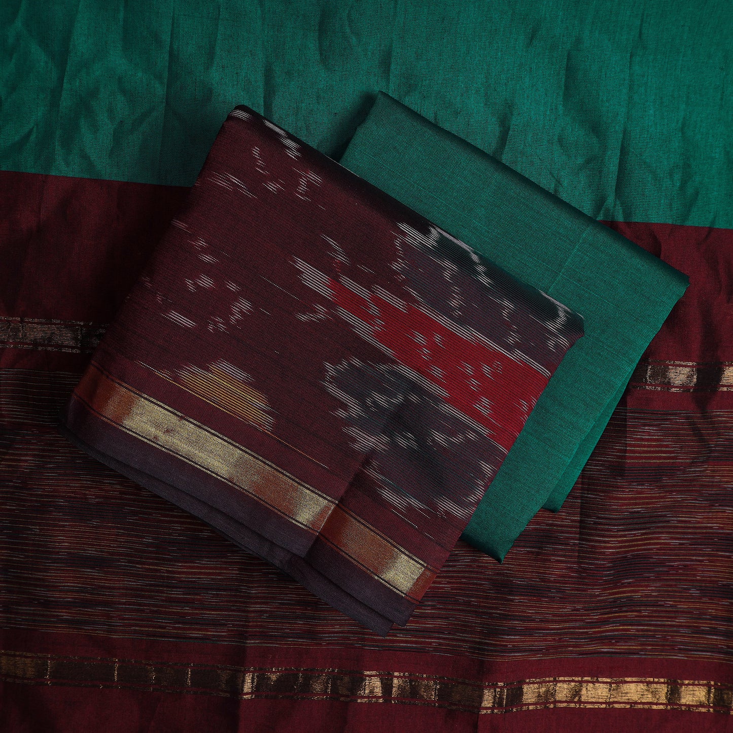 Maroon - 3pc Handloom Silk Cotton Pochampally Ikat Dress Material 50