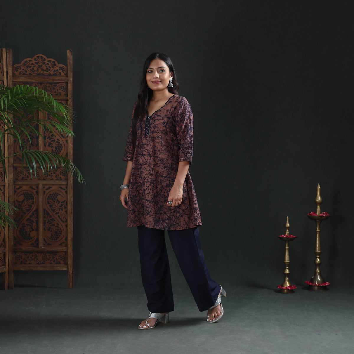 Brown - sequin work hand batik print cotton short kurta
