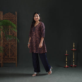 Brown - sequin work hand batik print cotton short kurta