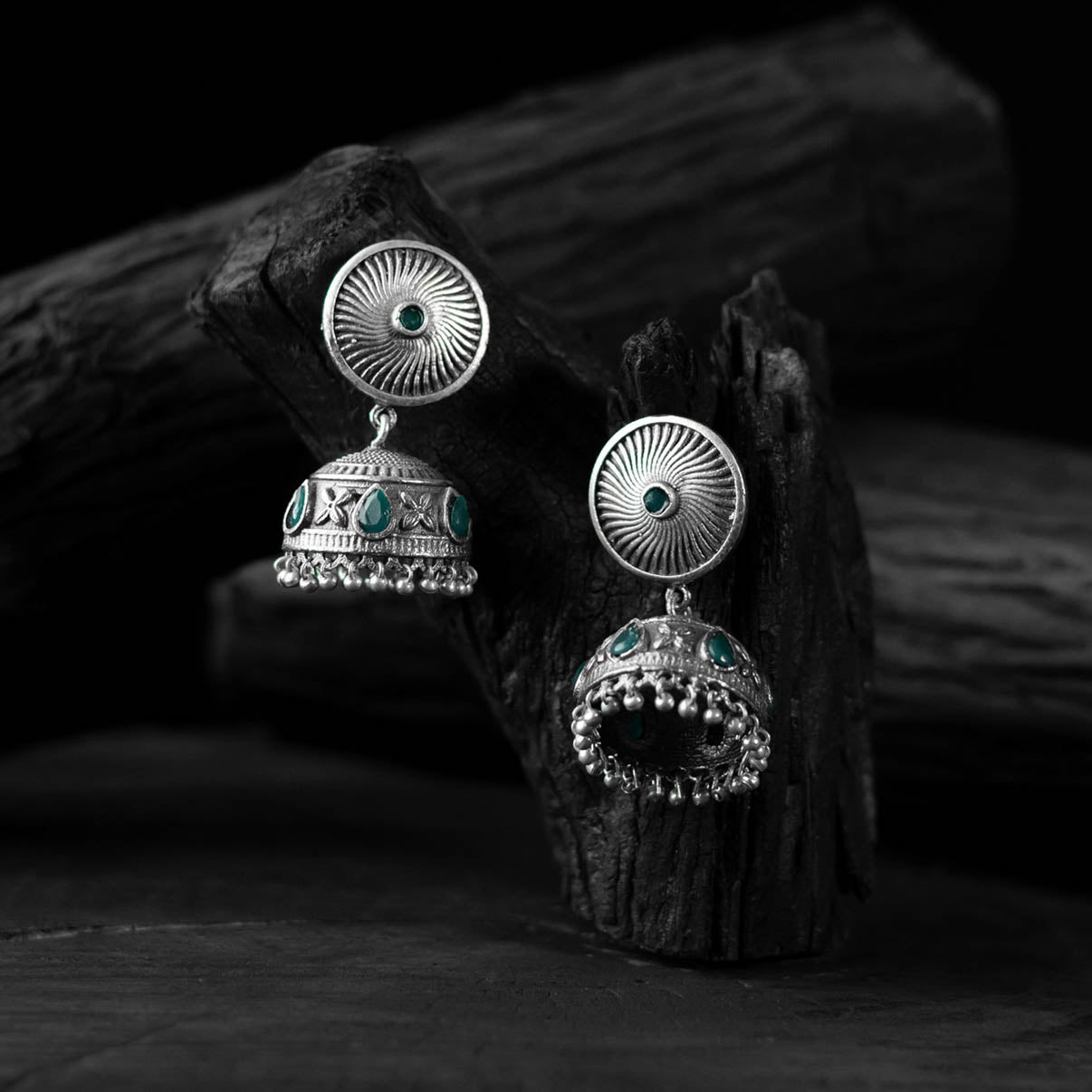 Green - saanjh bela sun oxidised jhumka earrings