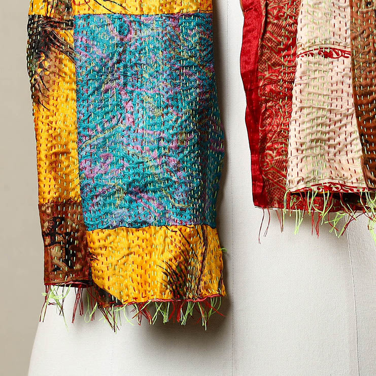 Multicolor - Reversible Patchwork Silk Bengal Kantha Stitch Stole 49