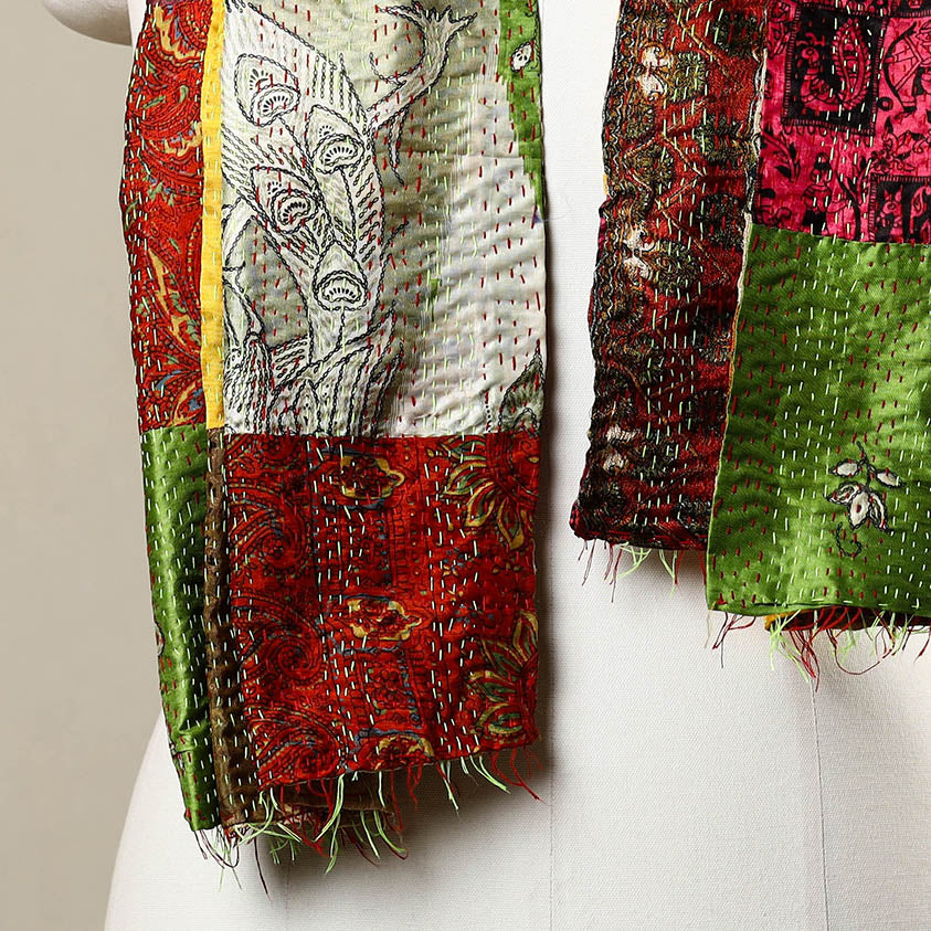 Multicolor - Reversible Patchwork Silk Bengal Kantha Stitch Stole 50