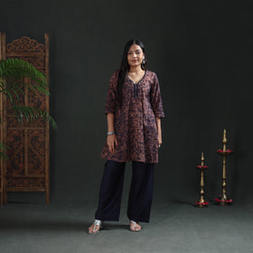 Brown - sequin work hand batik print cotton short kurta