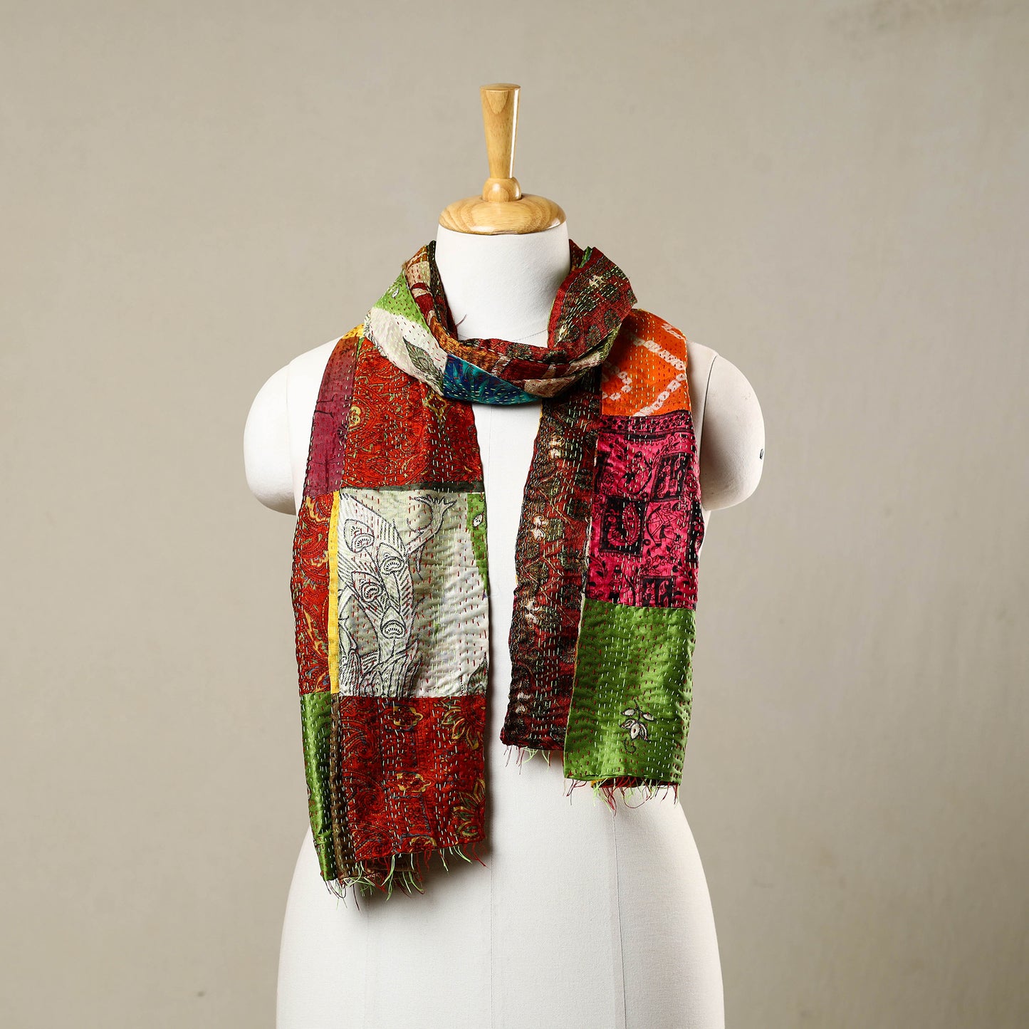 Multicolor - Reversible Patchwork Silk Bengal Kantha Stitch Stole 50